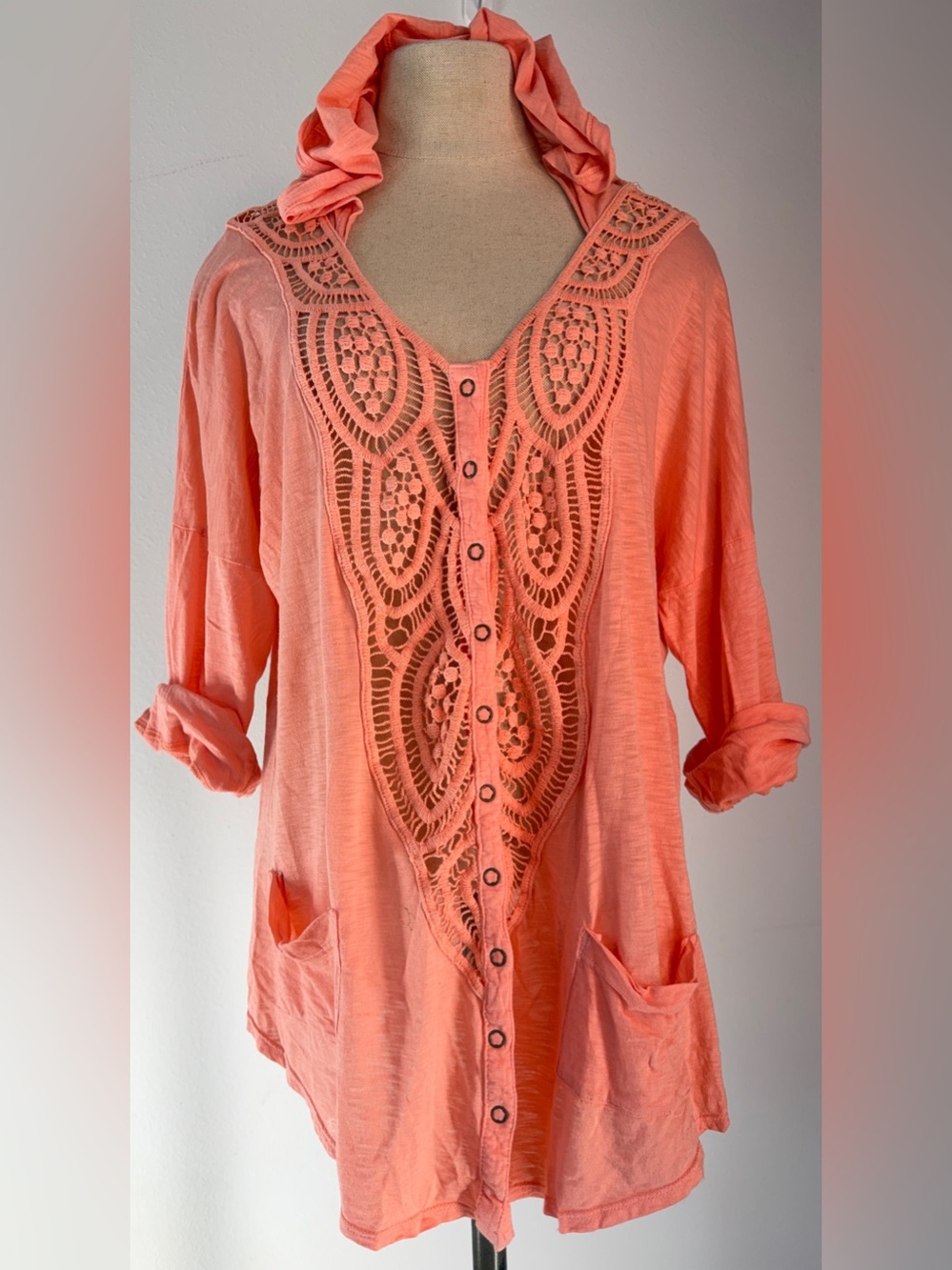 XCVI Coral Pink Lace Button Front Top Hooded Relaxed Fit Pockets Boho Casual XL